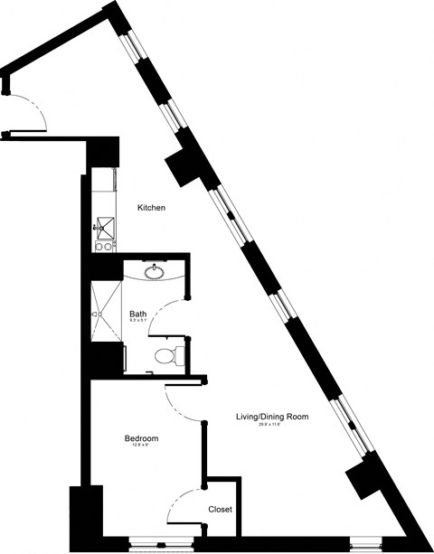 Floor plan for 1 bed, 1 bath, 663 sqft